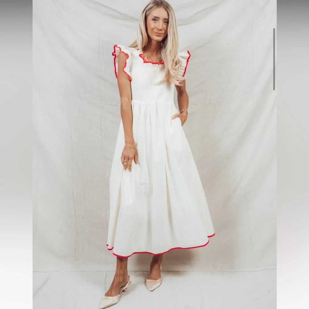 Elegant White Midi Dress with Red Trim Piper & Scoot Midgley - Picture 3 of 7